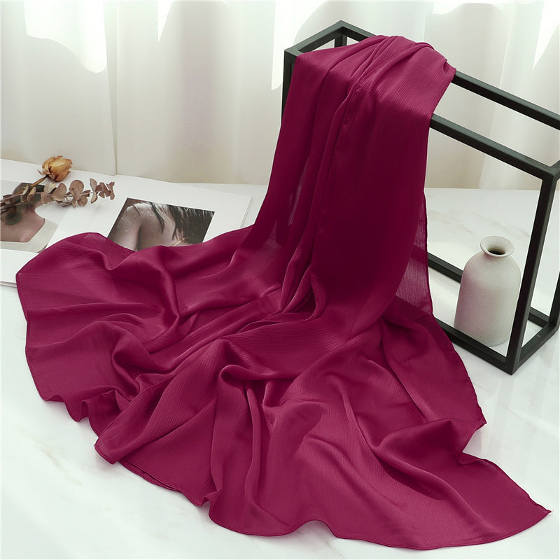 Solid Color Silk Scarf – Elegant Crepe Polyester Wrap for All Seasons (180x70cm)