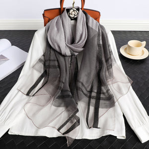 Women's Korean Style Silk Plaid Scarf – Elegant, Lightweight & Stylish (190x70cm)