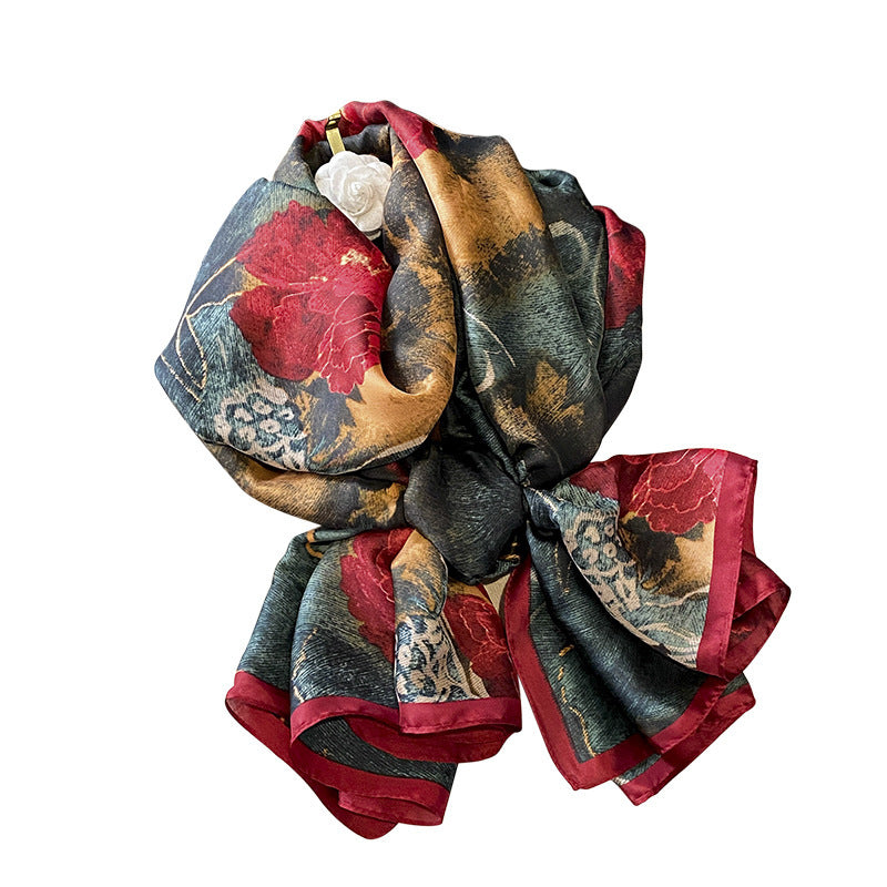 Floral Lightweight Sunscreen Imitated Silk Scarf