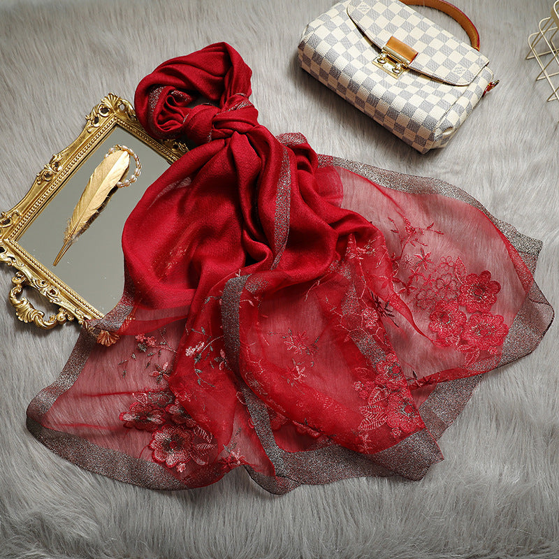 Elegant Silk Embroidered Scarf – Luxurious Twill Weave with Floral Detailing