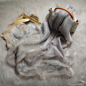 Elegant Silk Embroidered Scarf – Luxurious Twill Weave with Floral Detailing