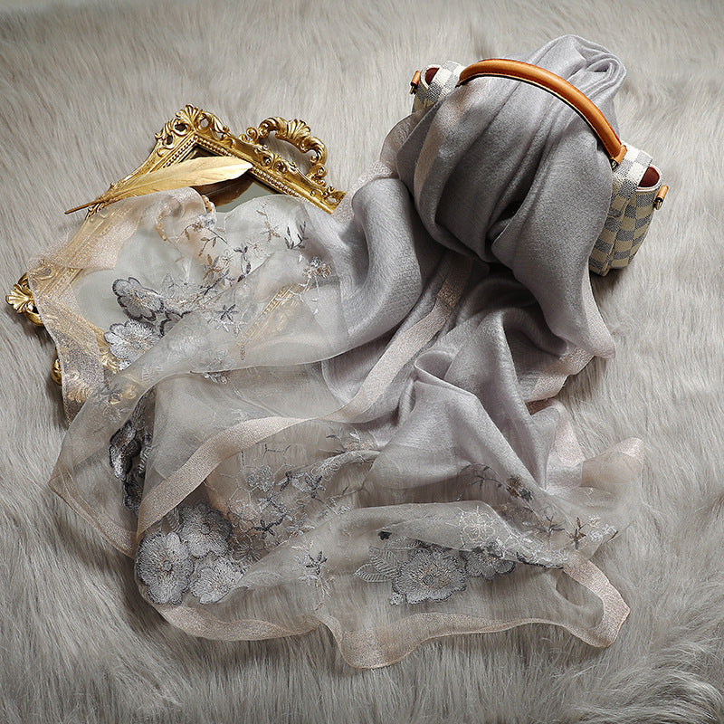 Elegant Silk Embroidered Scarf – Luxurious Twill Weave with Floral Detailing