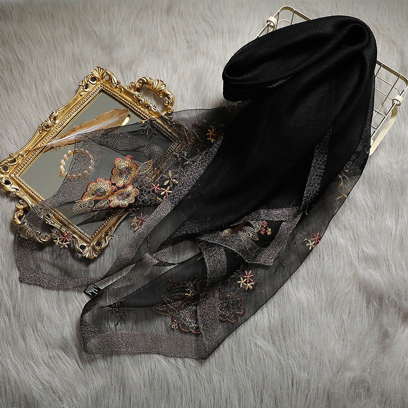 Elegant Silk Embroidered Scarf – Luxurious Twill Weave with Floral Detailing