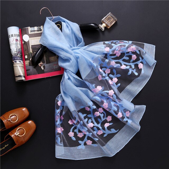 Luxury Hollow Embroidery Silk-Like Scarf – Elegant Shawl & Wrap for Women (190x70cm)