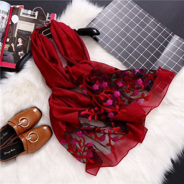 Luxury Hollow Embroidery Silk-Like Scarf – Elegant Shawl & Wrap for Women (190x70cm)