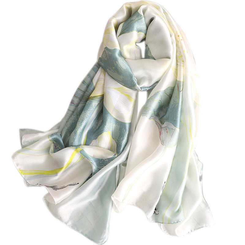 Elegant Lotus Silk Scarf – Lightweight Sunscreen Wrap for Women