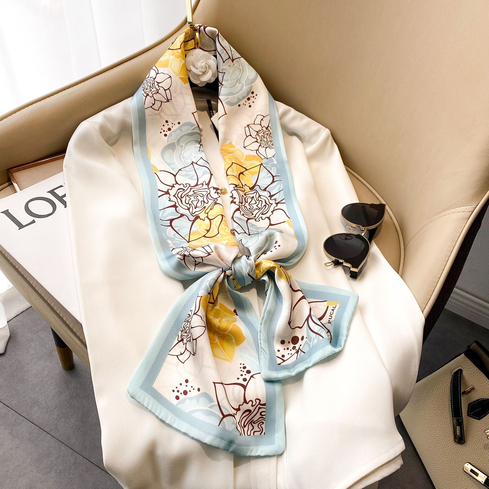 Elegant Floral Artificial Silk Scarf & Hair Band – Versatile Rayon Fashion Accessory