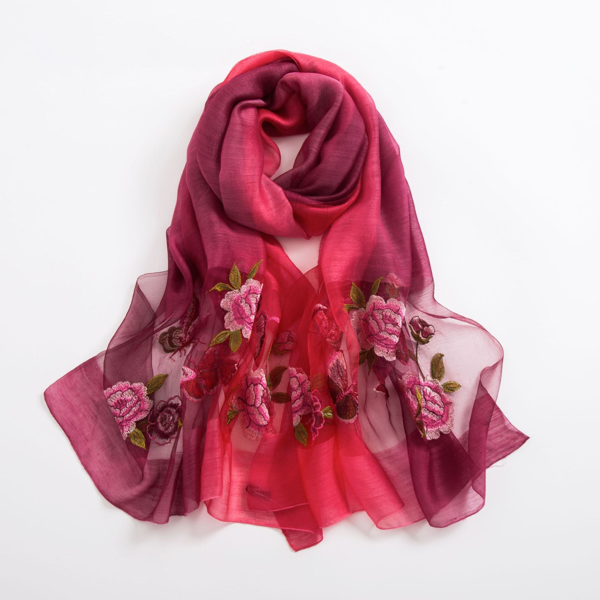 Women's Embroidered Silk Scarf – Elegant Gradient Wrap (190x80cm)