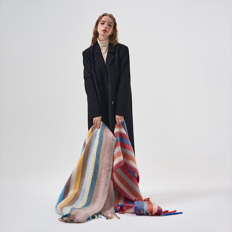 Rainbow Color-Blocking Striped Scarf – Winter Korean Style