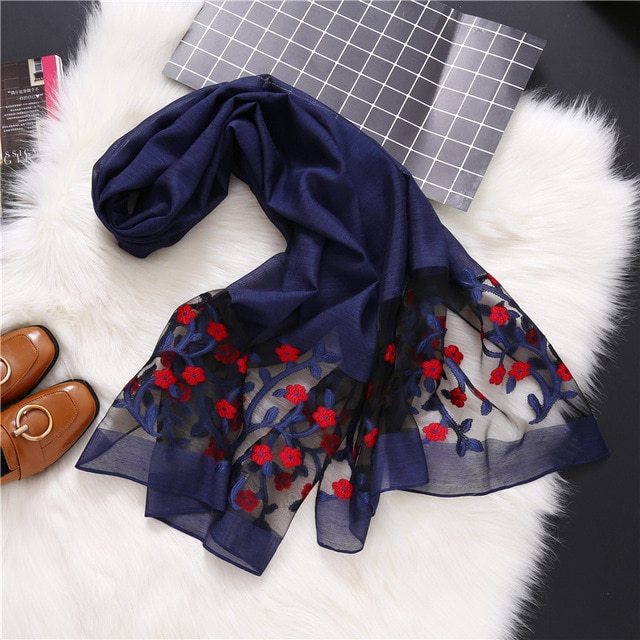 Luxury Hollow Embroidery Silk-Like Scarf – Elegant Shawl & Wrap for Women (190x70cm)