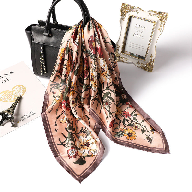 Floral Printed Silk Satin Scarf – Stylish & Professional Square Scarf (70x70cm)