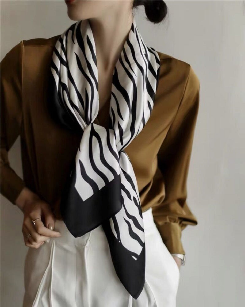 Elegant Mulberry Silk Zebra Print Square Scarf – Luxurious Crepe Satin for Women