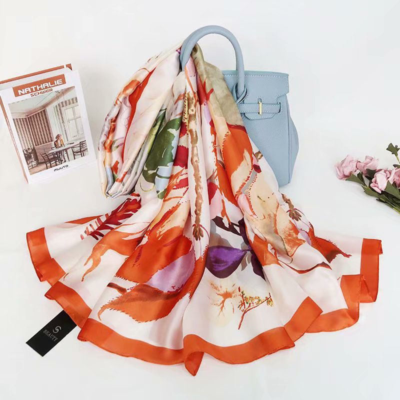 Fashion Satin Floral Imitation Silk Scarf – Soft, Lightweight & Elegant