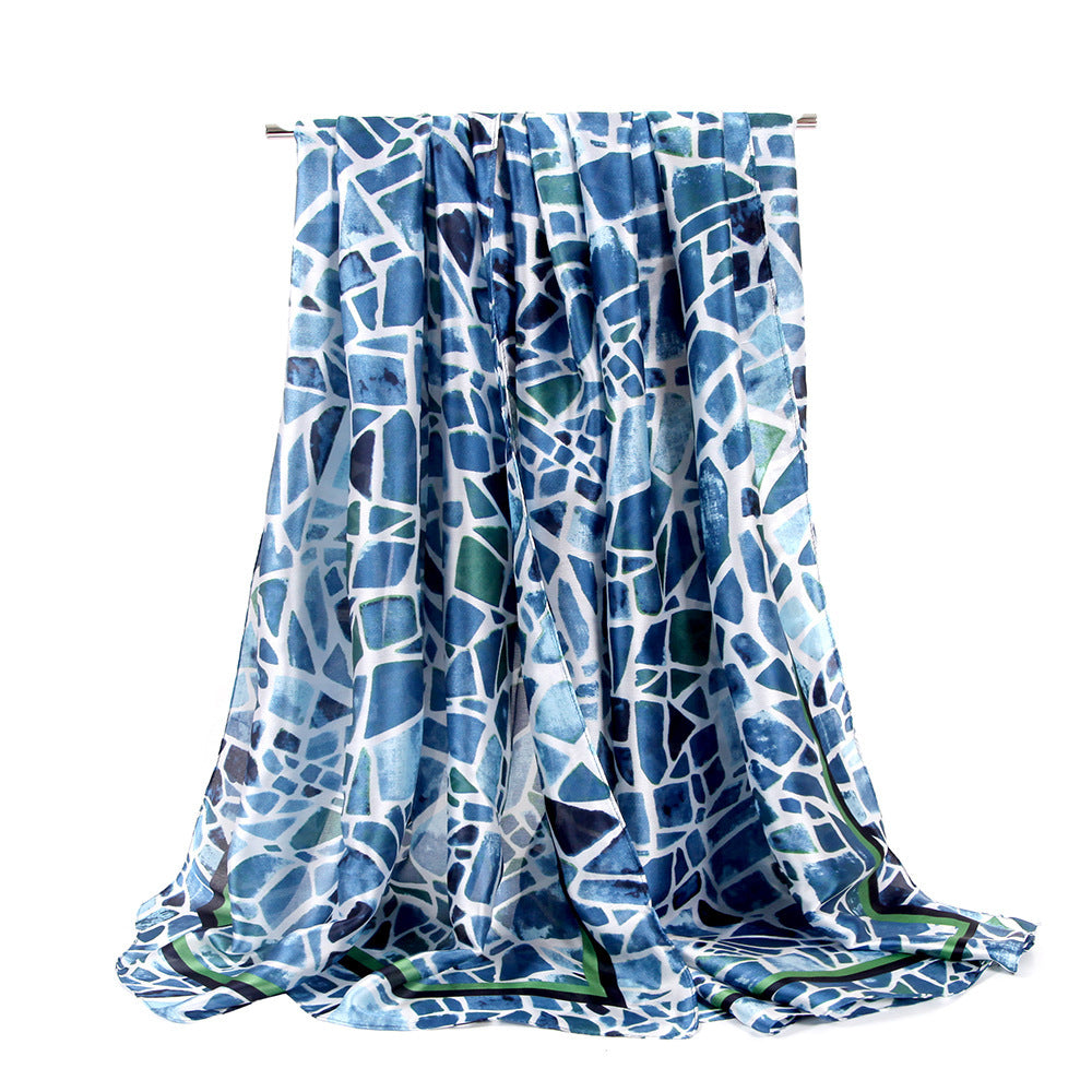 Elegant Silk Satin Scarf – Geometric Color Block Shawl (180x90cm) | Stylish & Lightweight