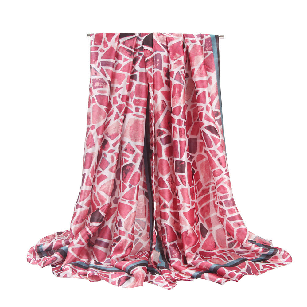 Elegant Silk Satin Scarf – Geometric Color Block Shawl (180x90cm) | Stylish & Lightweight