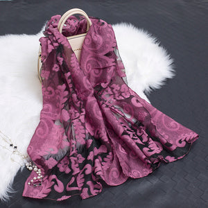 Hollow Cut Organza Silk Scarf – Lightweight & Stylish for Women