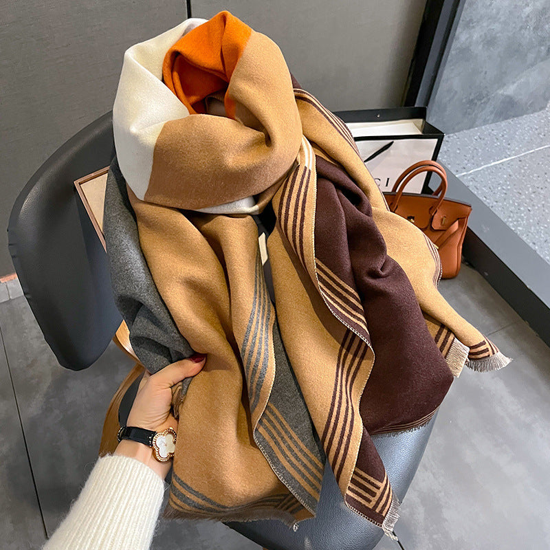 Color Matching Fashion Cashmere-Feel Scarf – Thickened Winter Warmth for Women