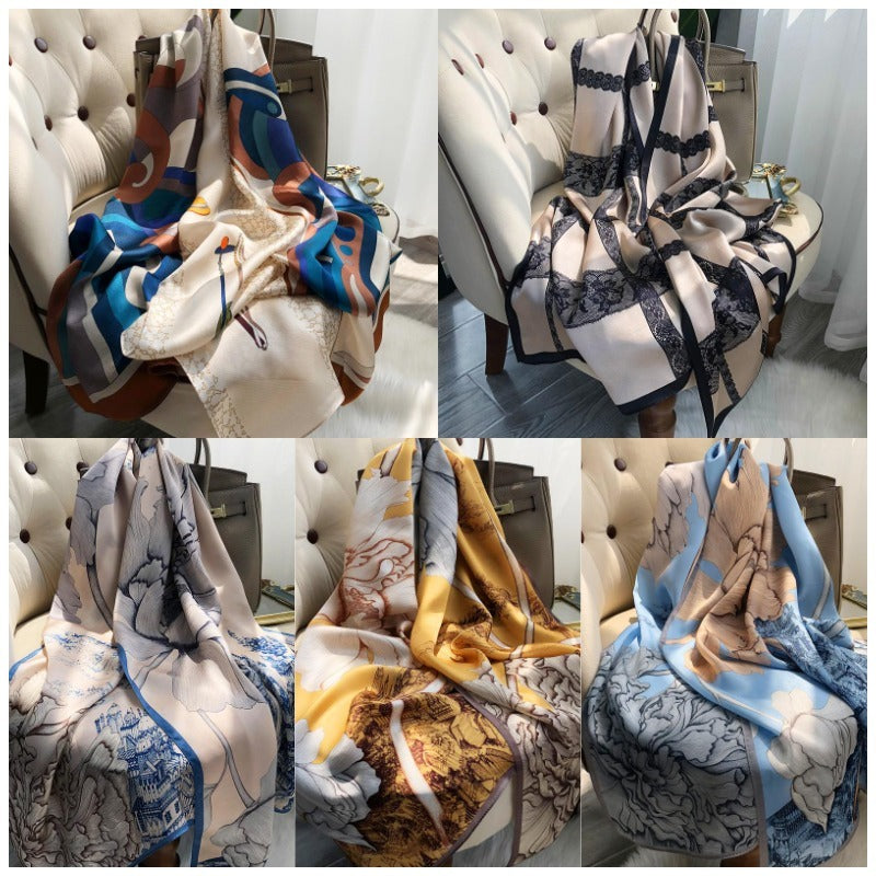 Elegant French Satin Silk Scarf – Luxurious Long Shawl for Women (Dual-Use Wrap)