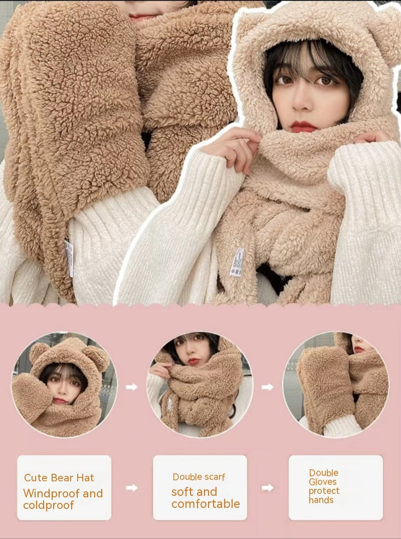 Bear Ears Plush Scarf, Hat & Gloves Set – Cute & Warm for Winter