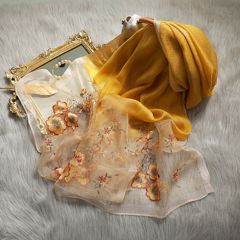 Elegant Silk Embroidered Scarf – Luxurious Twill Weave with Floral Detailing