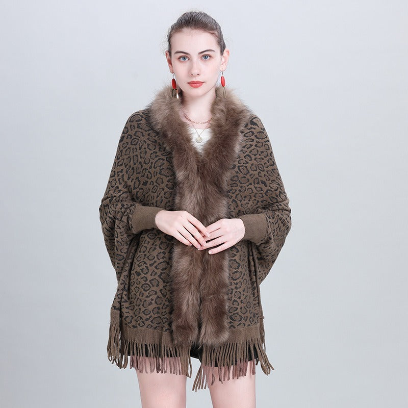 Faux Fur Collar Knitted Shawl – Cozy & Stylish for Autumn and Winter