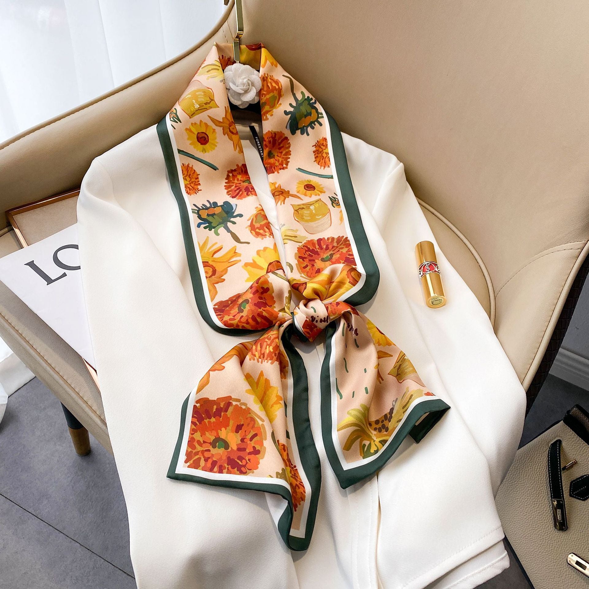 Elegant Floral Artificial Silk Scarf & Hair Band – Versatile Rayon Fashion Accessory