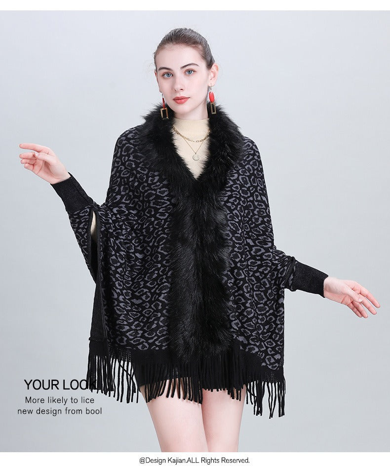 Faux Fur Collar Knitted Shawl – Cozy & Stylish for Autumn and Winter