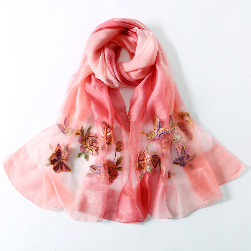 Women's Embroidered Silk Scarf – Elegant Gradient Wrap (190x80cm)