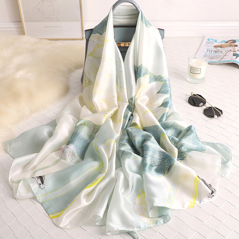 Elegant Lotus Silk Scarf – Lightweight Sunscreen Wrap for Women