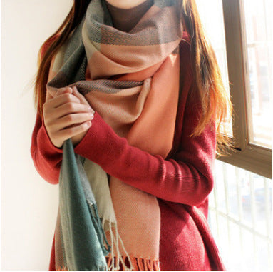 Women's Winter Cashmere Scarf – Fringed Plaid Shawl Collar Wrap