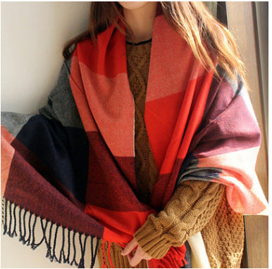 Women's Winter Cashmere Scarf – Fringed Plaid Shawl Collar Wrap