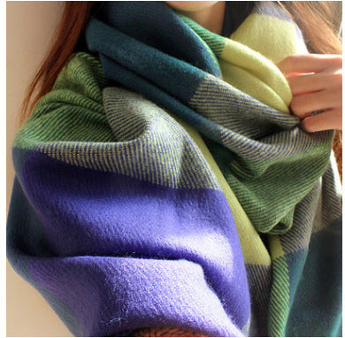 Women's Winter Cashmere Scarf – Fringed Plaid Shawl Collar Wrap