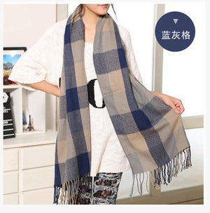 Women's Winter Cashmere Scarf – Fringed Plaid Shawl Collar Wrap