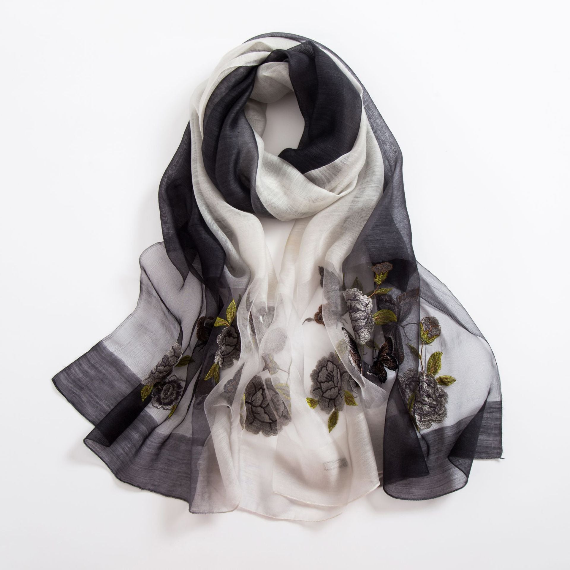 Women's Embroidered Silk Scarf – Elegant Gradient Wrap (190x80cm)