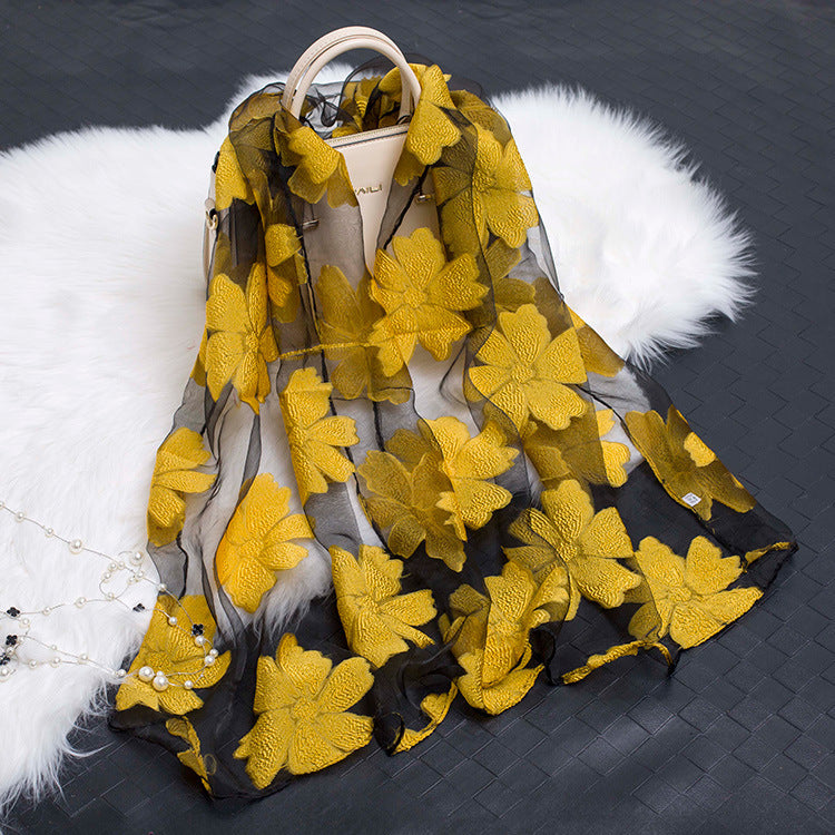Hollow Cut Organza Silk Scarf – Lightweight & Stylish for Women