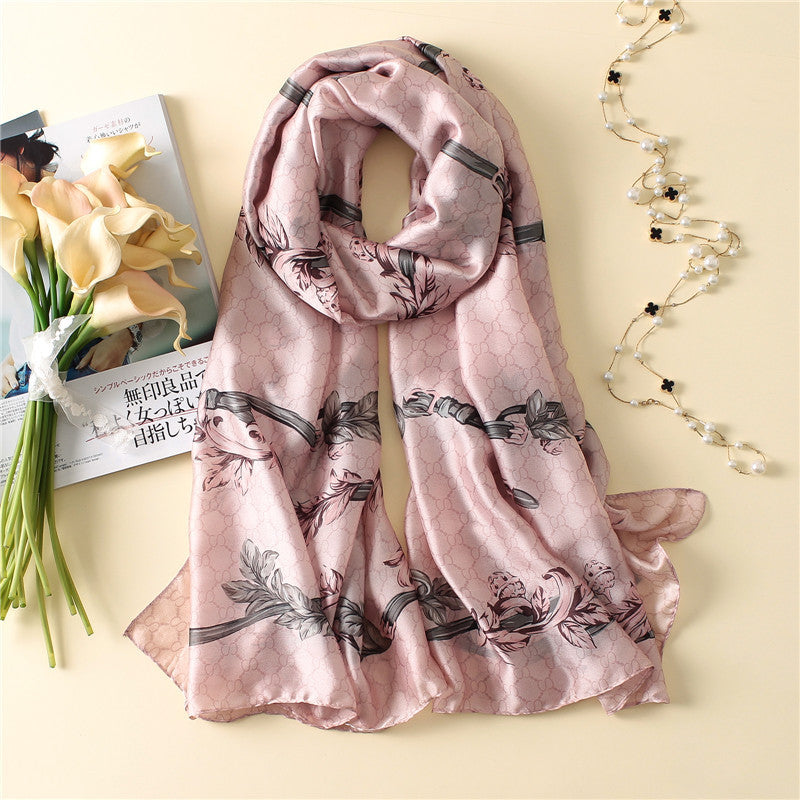 Floral Printed Imitation Silk Scarf – Lightweight & Stylish Sunscreen Shawl