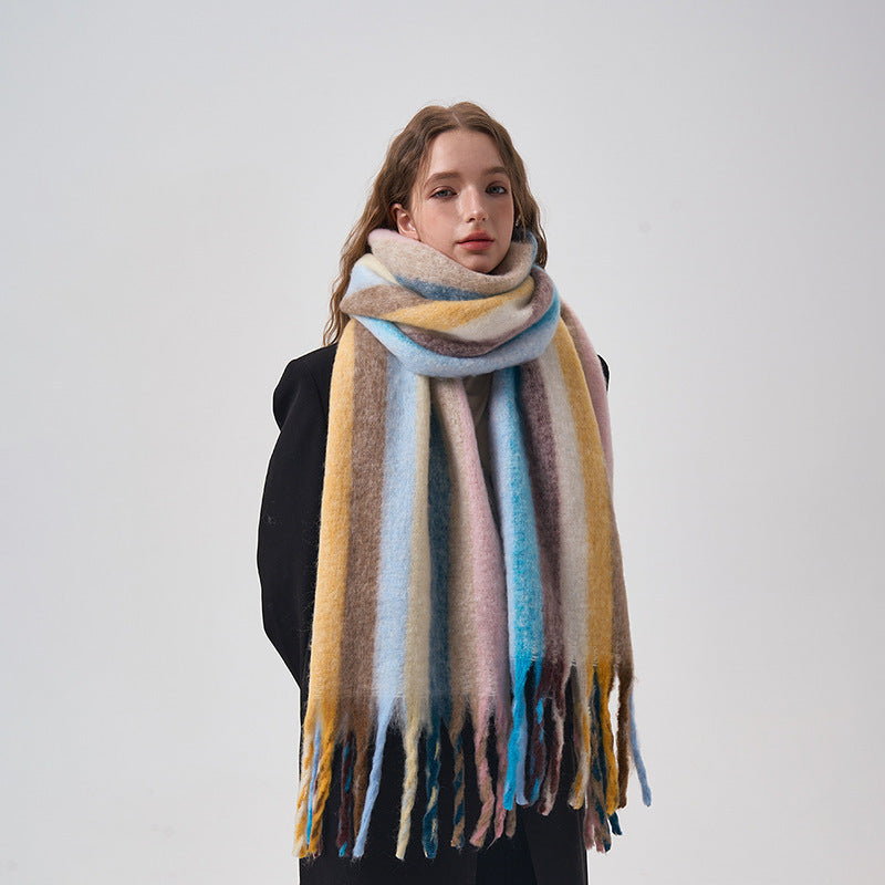 Rainbow Color-Blocking Striped Scarf – Winter Korean Style
