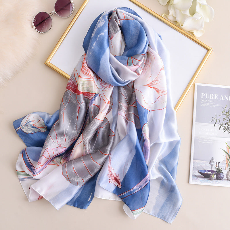 Elegant Lotus Silk Scarf – Lightweight Sunscreen Wrap for Women