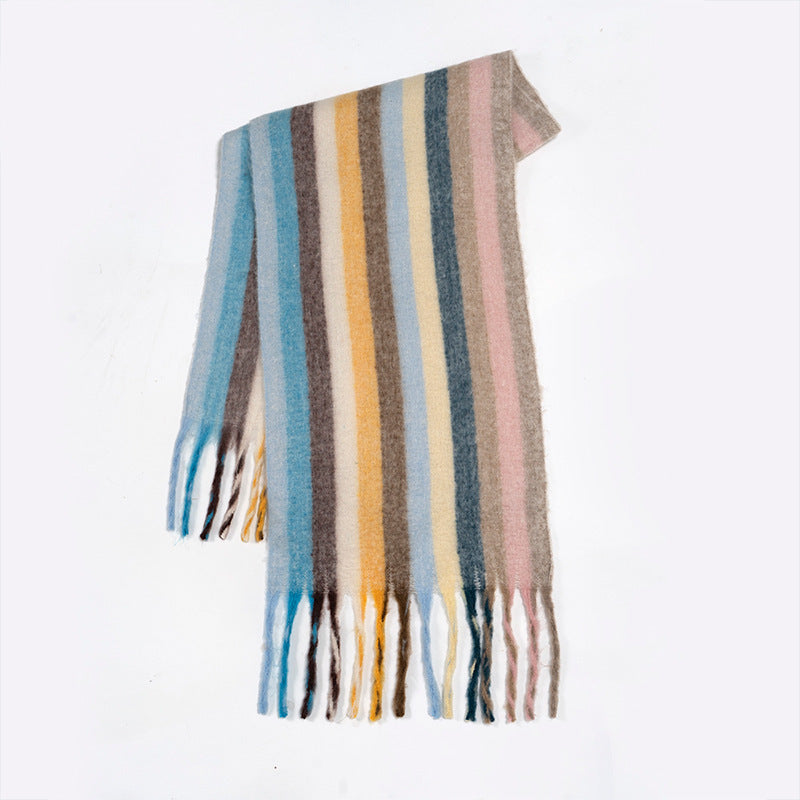 Rainbow Color-Blocking Striped Scarf – Winter Korean Style