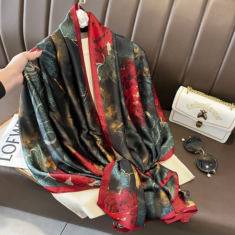 Floral Lightweight Sunscreen Imitated Silk Scarf