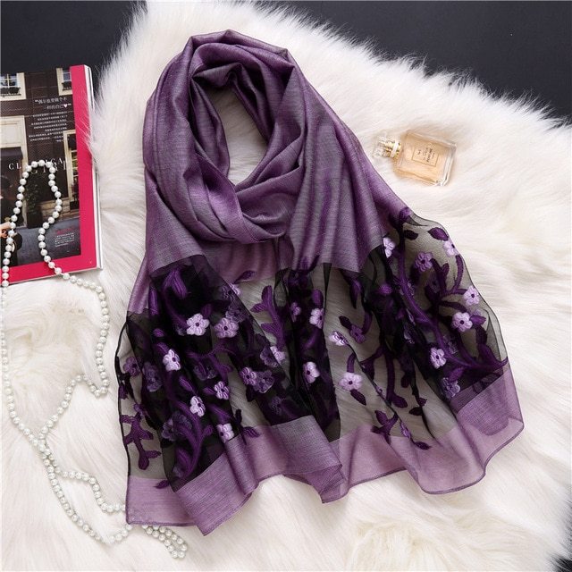 Luxury Hollow Embroidery Silk-Like Scarf – Elegant Shawl & Wrap for Women (190x70cm)