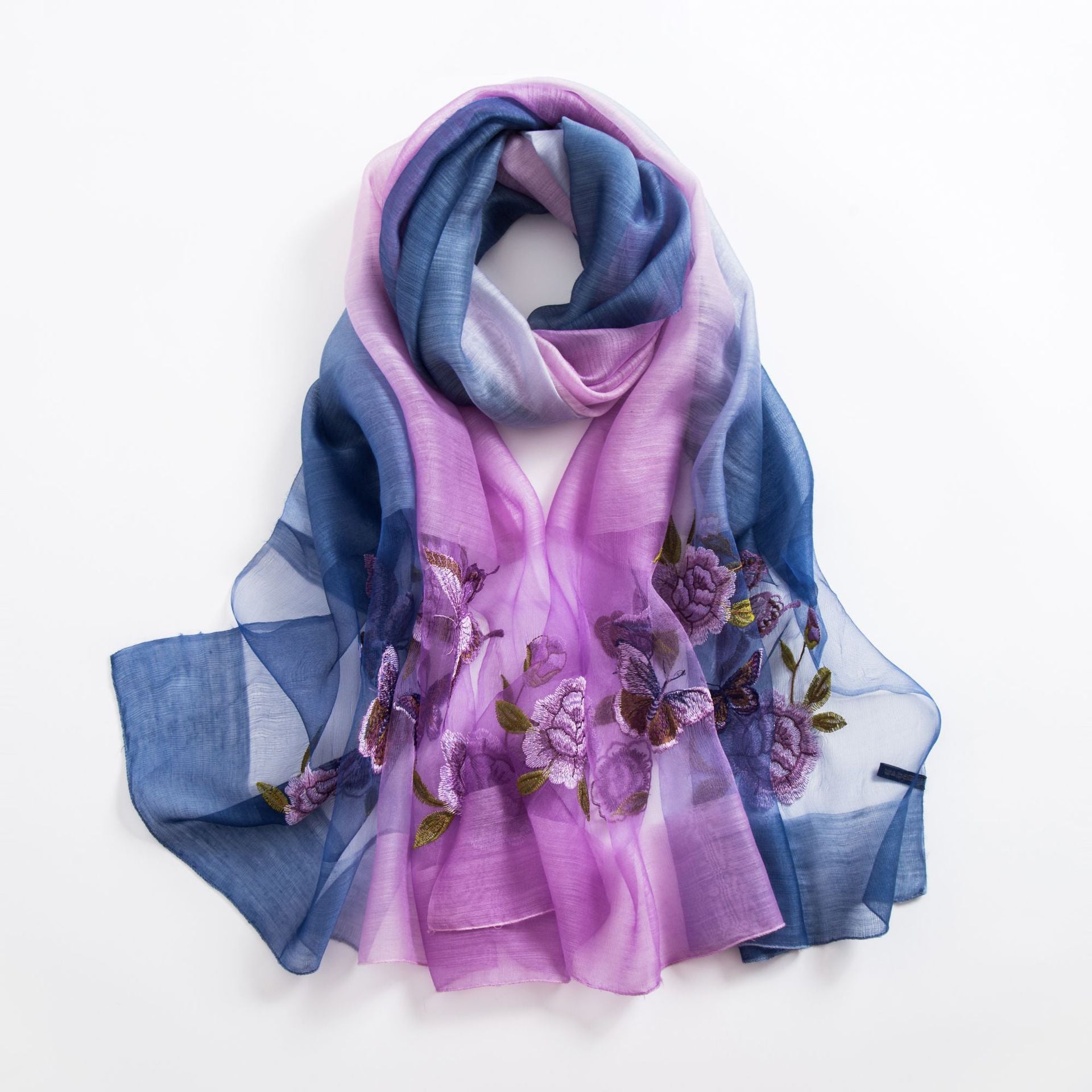 Women's Embroidered Silk Scarf – Elegant Gradient Wrap (190x80cm)