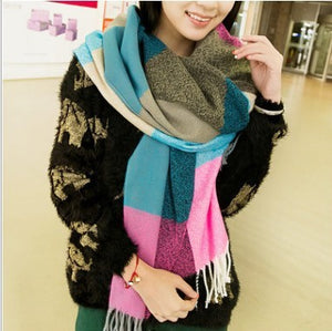 Women's Winter Cashmere Scarf – Fringed Plaid Shawl Collar Wrap