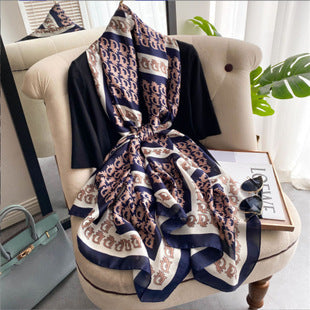 Monogram Satin Faux Silk Shawl – Elegant Geometric Print Wrap (90x180cm)