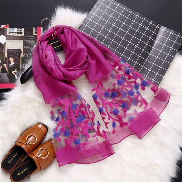 Luxury Hollow Embroidery Silk-Like Scarf – Elegant Shawl & Wrap for Women (190x70cm)