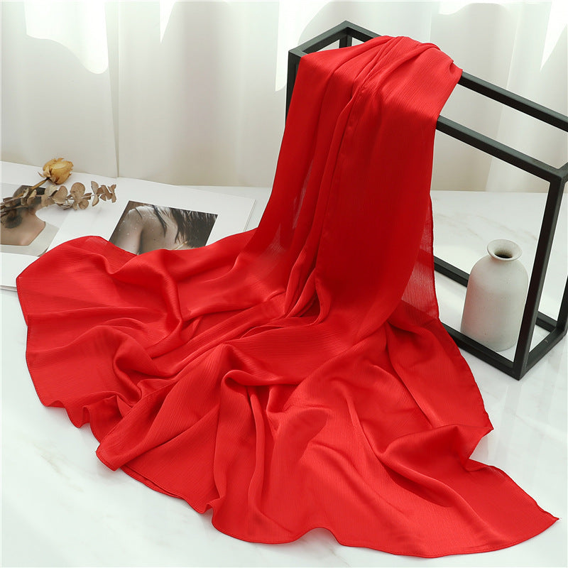 Solid Color Silk Scarf – Elegant Crepe Polyester Wrap for All Seasons (180x70cm)