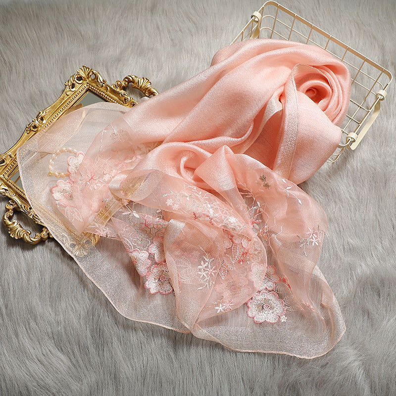 Elegant Silk Embroidered Scarf – Luxurious Twill Weave with Floral Detailing