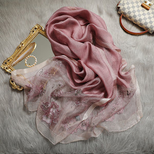 Elegant Silk Embroidered Scarf – Luxurious Twill Weave with Floral Detailing