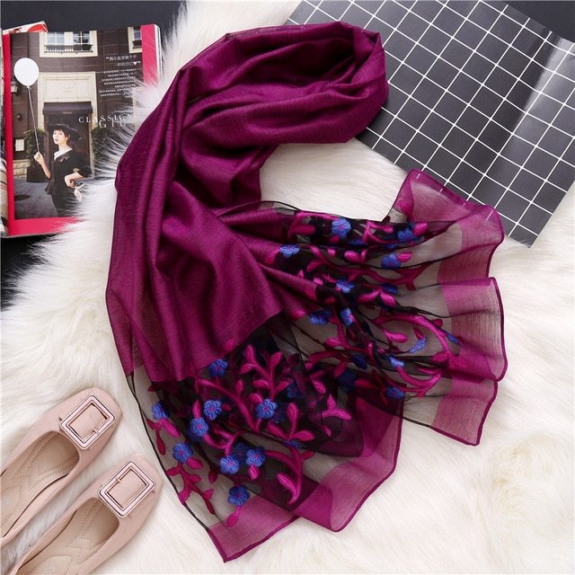 Luxury Hollow Embroidery Silk-Like Scarf – Elegant Shawl & Wrap for Women (190x70cm)