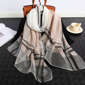Women's Korean Style Silk Plaid Scarf – Elegant, Lightweight & Stylish (190x70cm)